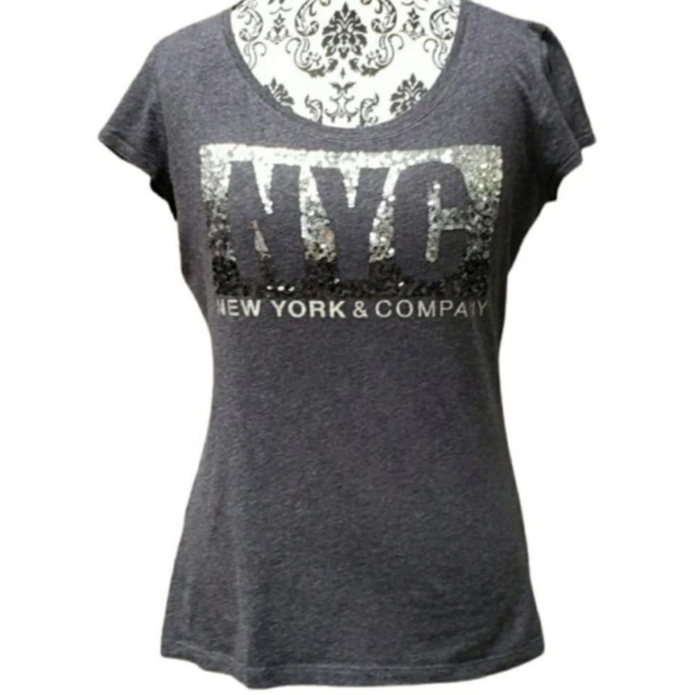 NY & CO Sequin Novelty Tee Bling‎ NYC Charcoal Grey Women's Size Medium